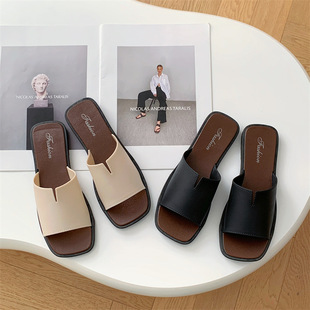 Korean Style Elegant Sandals and Slippers for Women 2025 Summer New Style Square Toe Open Toe Simple Flat Casual Slippers