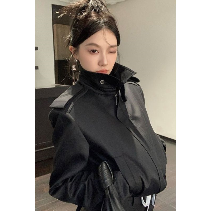 法式赫本小个子复古立领阔肩外套女春秋季新款短款休闲夹克上衣潮