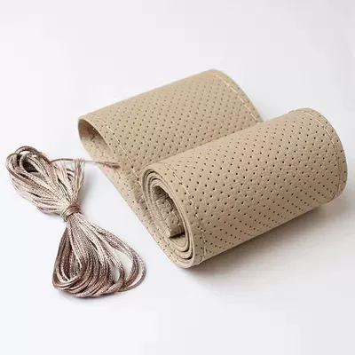Cover, Non-Slip Stitched Handle Cover, Steering wheel cover - whole-piece-of-two-layer-cowhide-beige-rice-noodles-punched-38cm