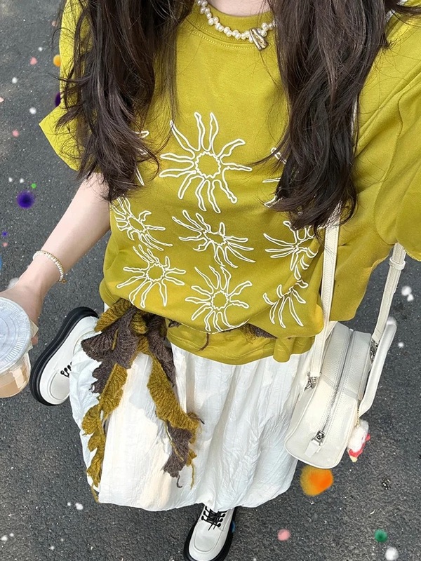 アメリカンレトロひまわりプリントニッチ半袖Tシャツレディース2025年夏新作ゆったりスリム万能トップスイン|undefined
