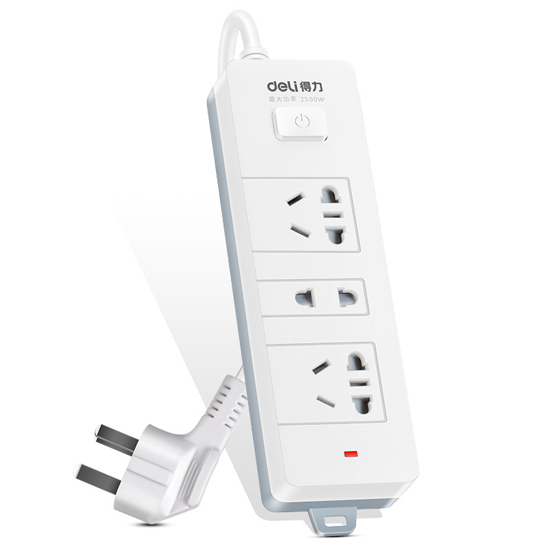 得力18273插座_2+1拖线板2米PVC袋装(白)(只)