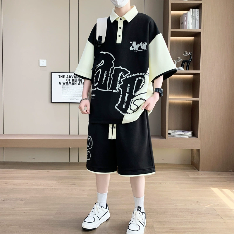 Американский модный бренд: футболка с коротким рукавом и лацканами, свободные дышащие шорты, двухкомплектный летний спортивный и повседневный костюм для мужчин