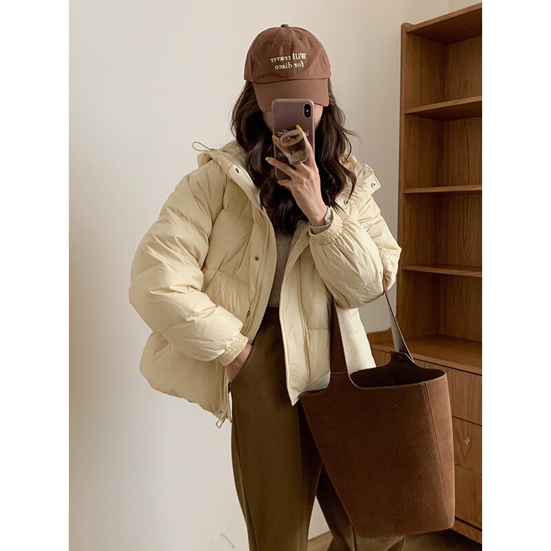 Short down Jacket for Women, Korean Style, Hooded, Thickened, Petite, Loose, Slimming, White Duck Down, Warm Winter Coat for Rain, Sun, and Snow