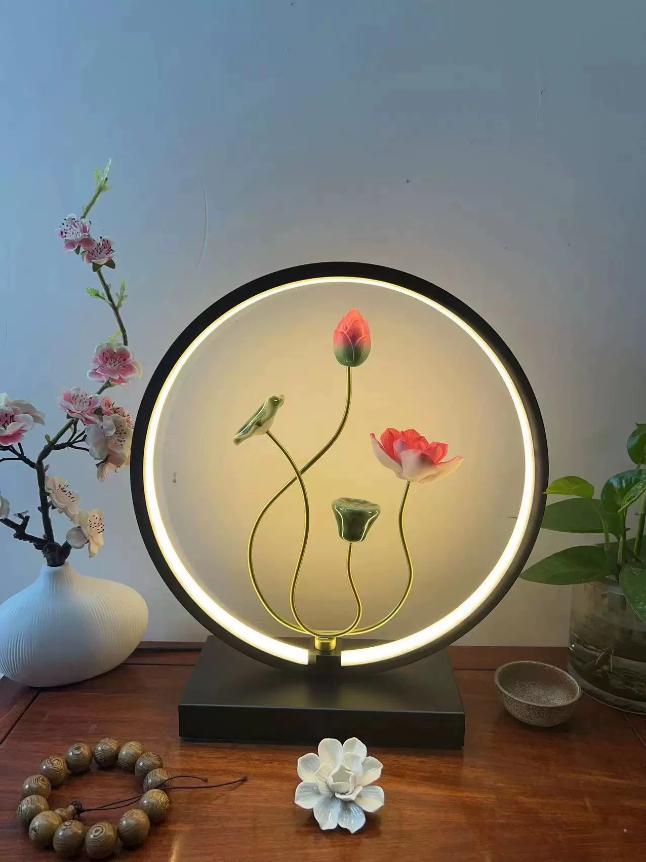 Table lamp Chinese style creative lantern, remote control bedside decorative lamp