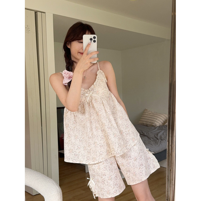 Korean Sweet Bow Lace Double-Layer Gauze Floral Suspenders Comfortable with Bra Pad Home Wear Pajamas Set