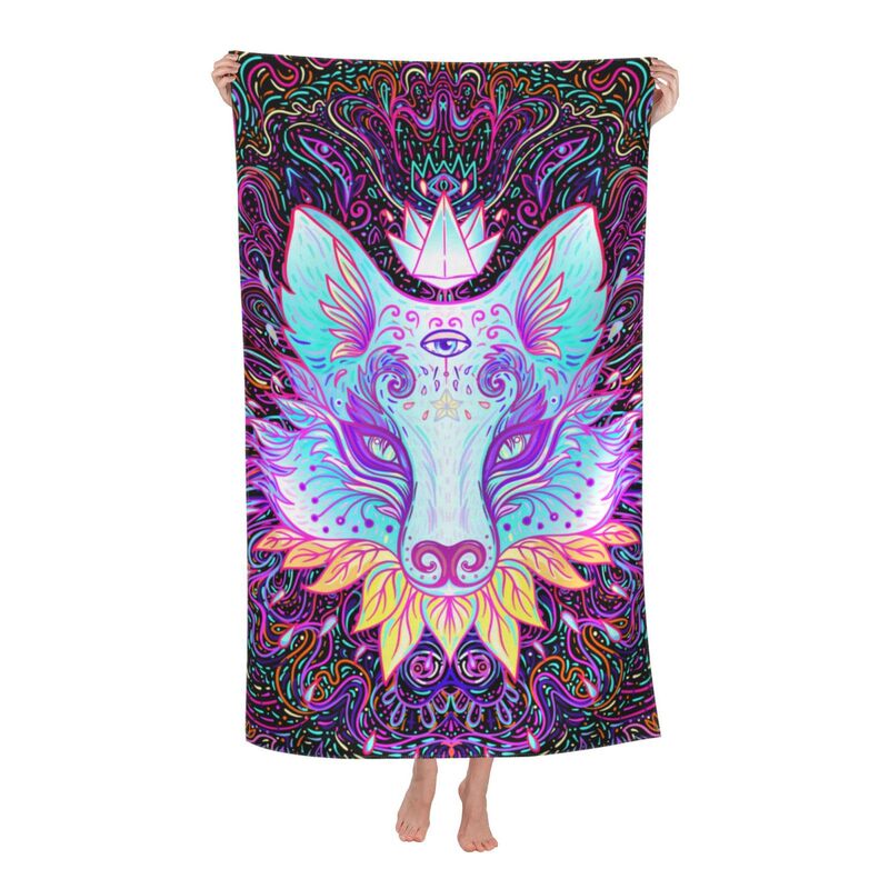 Psychedelic Gorgeous Fox Face Large Beach Towel Plush Thick Cotton Pool Towel Adult Beach Towel Microfiber Towel