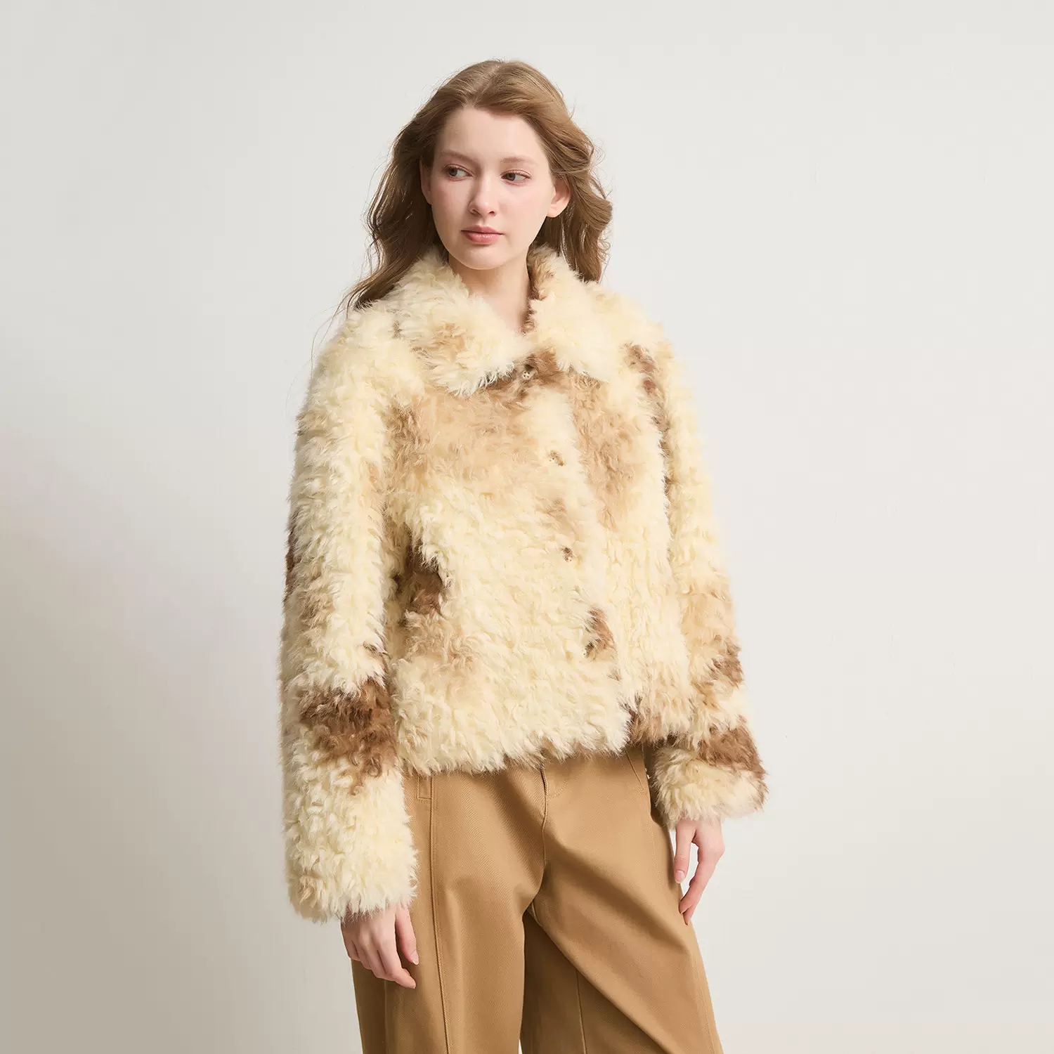 拼色渐变卷毛短款翻领环保皮草毛毛外套女秋冬设计感小众