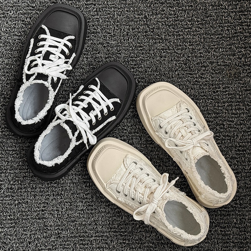 58106 Niche Original Square-Toe Canvas Shoes for Men and Women, Hong Kong Style Thick-Soled White Shoes for Couples, Casual and Versatile Sneakers
