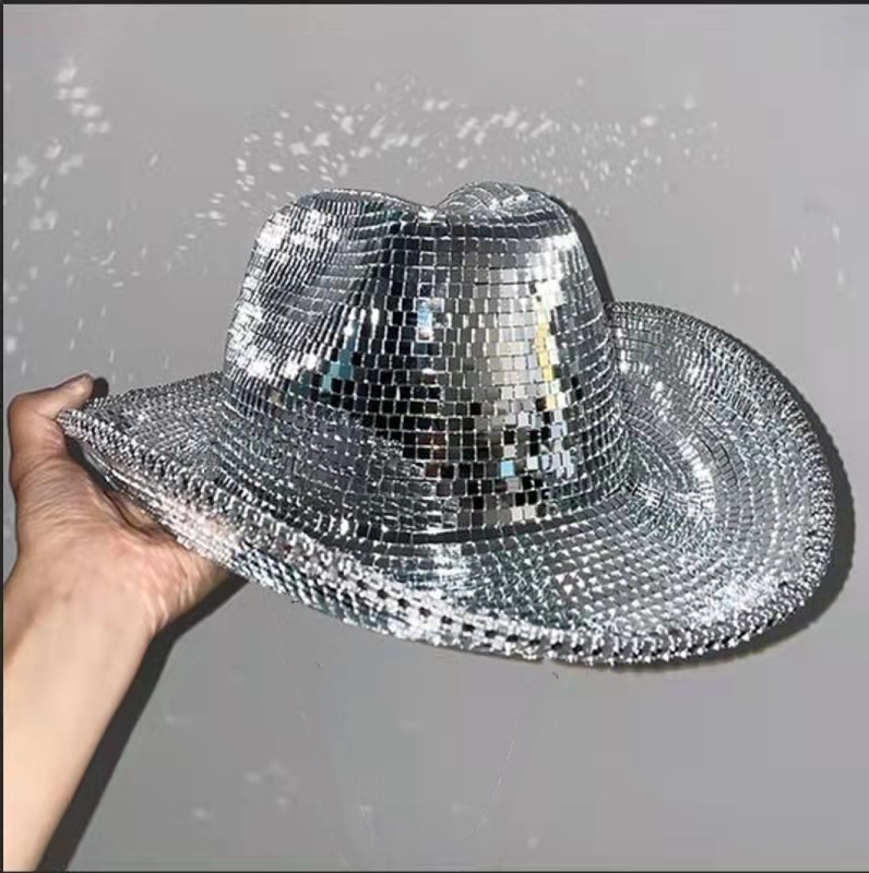 Disco espejo láser sombrero de vaquero fiesta fiesta de baile con lentejuelas sombrero occidental transfronterizo reflectante sombrero de rendimiento rosa plateado
