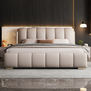 New Light Belt Bed Italian Light Luxury Master Bedroom Queen Bed Double Bed. Rice leather bed. Meters Home Bed