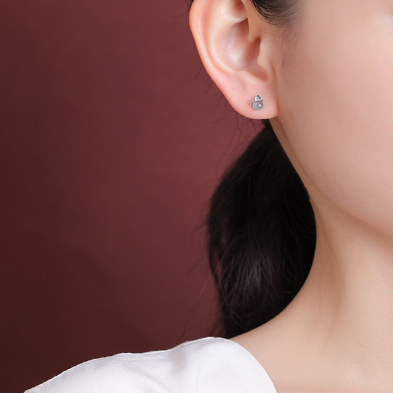Khuyên tai nữ bạc S925 mạ vàng đính ngọc bích xanh nước biển phong cách retro — Mẫu ngọc bích nước xanh