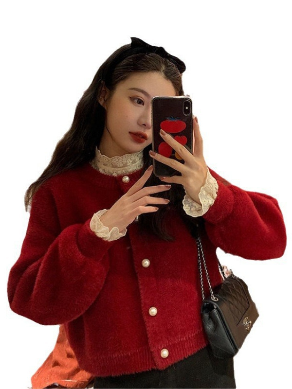 韩系秋冬季新款甜美小清新水貂绒毛衣女外套宽松百搭短款针织开衫|undefined