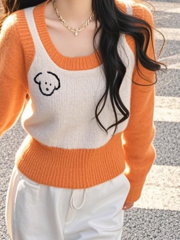 今年流行假两件橙色小狗毛衣女装秋季2025新款多巴胺穿搭针织上衣|undefined