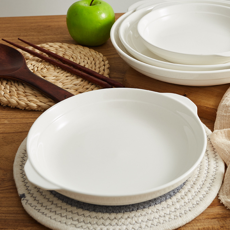Plato de porcelana blanca de magnesio para salteados, plato para pescado al vapor, plato de forma irregular, plato para hotel, plato para vaporizar con doble asa, plato para abulón, vajilla especial.