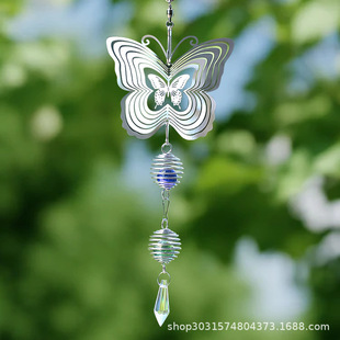New Butterfly Stainless Steel Mirror Reflection 3d Rotating Wind Bell Crystal Pearl Cage Home Garden Hanging Decoration