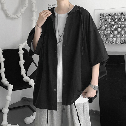 Thin, Loose, Fashionable Streetwear Hooded Sweatshirt, Shirt-like Outerwear for Men, Summer, Ins, Hong Kong Style, Japanese Style, Five-Button Sleeve
