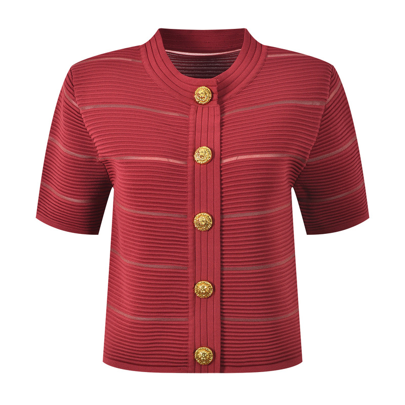 2026 Summer New Style Chanel-Inspired Light Luxury Metal Buckle Ribbed Elegant Fashion Versatile Round Neck Short-Sleeve Top