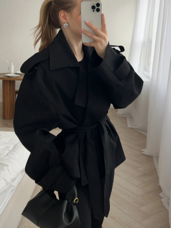2025新款欧美系带女装宽松短款风衣女气质外套收腰卡其色系带上衣|undefined