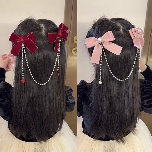Children's Red New Year Butterfly Clip for Babies, Princess with Tassels, Festive Hair Accessory for Girls, Pearl Hair Pin for Little Girls