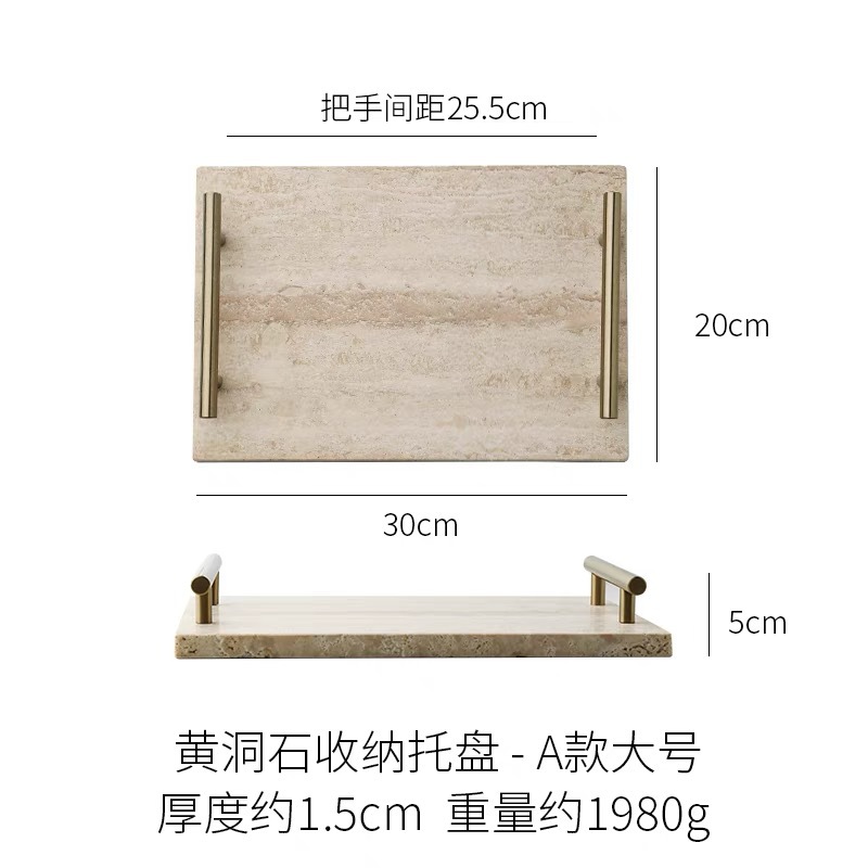 Bandeja de almacenamiento de travertino natural ins de estilo nórdico Disco de decoración del hogar retro de lujo ligero Disco de almacenamiento de mango dorado Escritorio
