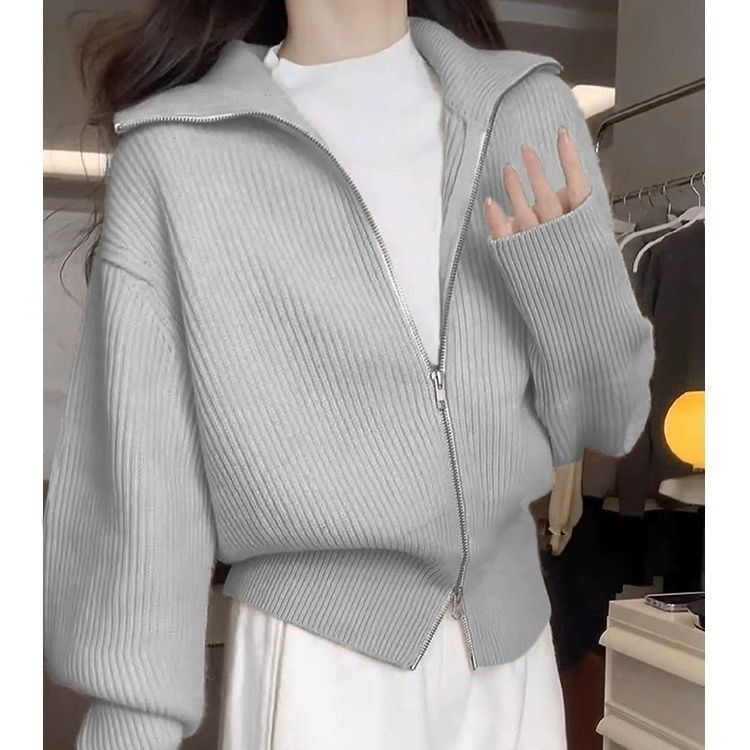 慵懒风双拉链翻领针织开衫女秋冬加厚感软糯毛衣外套短款上衣|undefined