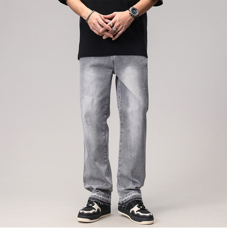 2023 Spring/Summer new solid-color jeans for men, washed light gray distressed pants with frayed edges, American straight-leg pants pic 13