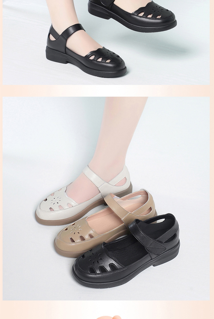 Sandal da thật lỗ thoáng khí đế mềm cho nữ trung niên, đế cao su bền bỉ — màu be chi tiết 15
