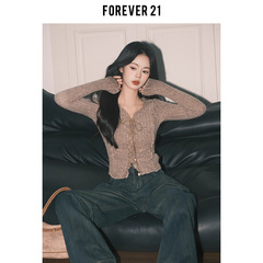 Forever21卡其色气质小V领针织小开衫女修身别致长袖绑带打底上衣