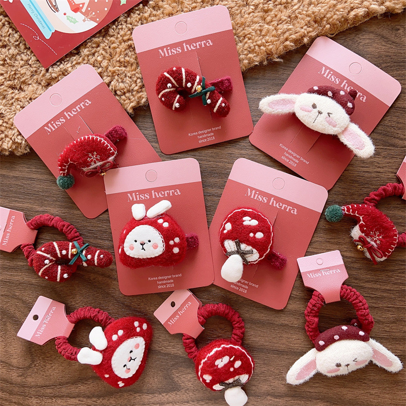 Christmas gift Children's Christmas holiday cute velvet stuffed cotton mushroom intestine ring girl Christmas socks wine red cane duckbill clip_voghion.com