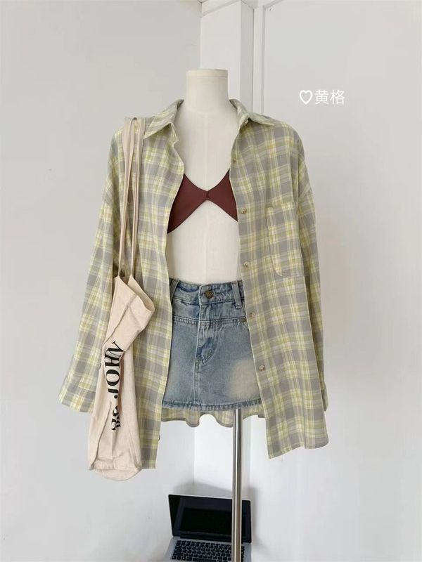 轻奢美式复古格子长袖女衬衫外套春夏季设计宽松休闲薄款防晒衬衣|undefined