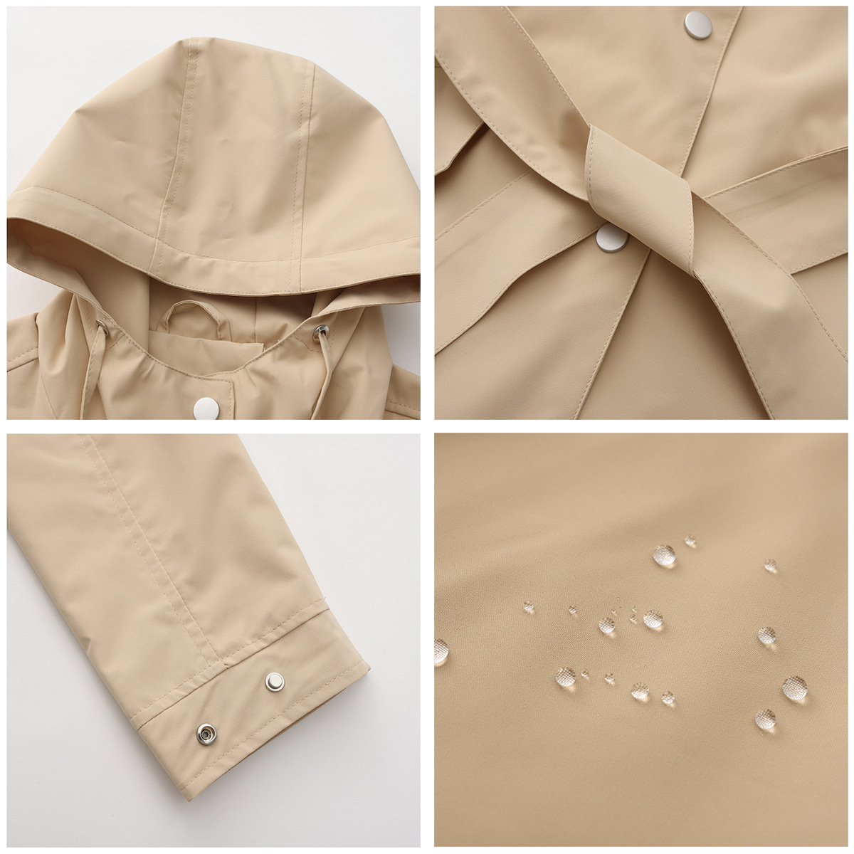 Women's Clothing Spring and Autumn Hooded Water Repellent Jacket with Belt Thin Casual Loose Windbreaker _voghion.com
