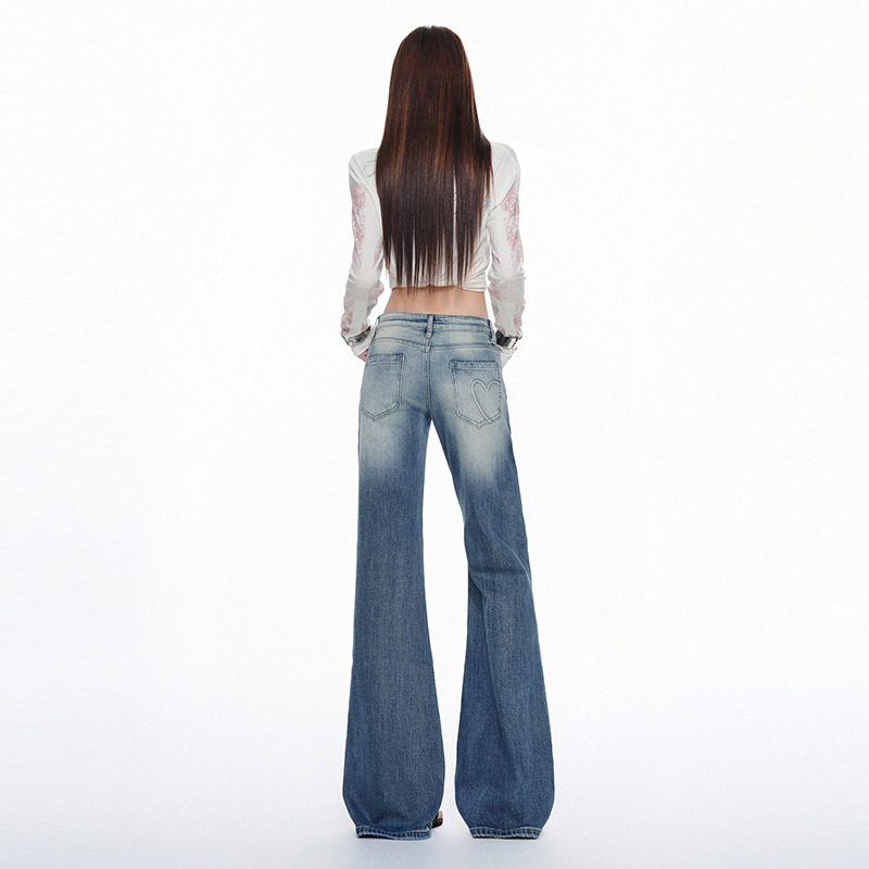 European-style street retro distressed flared jeans, 2026 autumn new low-waist spicy girl embroidered niche slim-fit jeans European-style street retro distressed flared jeans, 2026 autumn new low-waist spicy girl embroidered niche slim-fit jeans