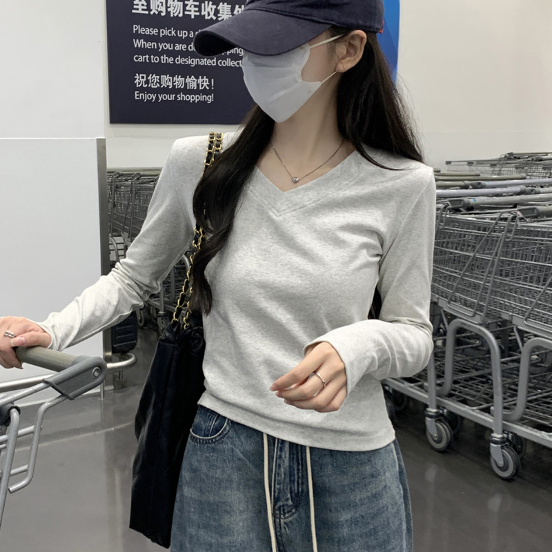 薄款纯棉V领长袖内搭打底衫女秋冬修身百搭黑色紧身收腰t恤上衣|undefined