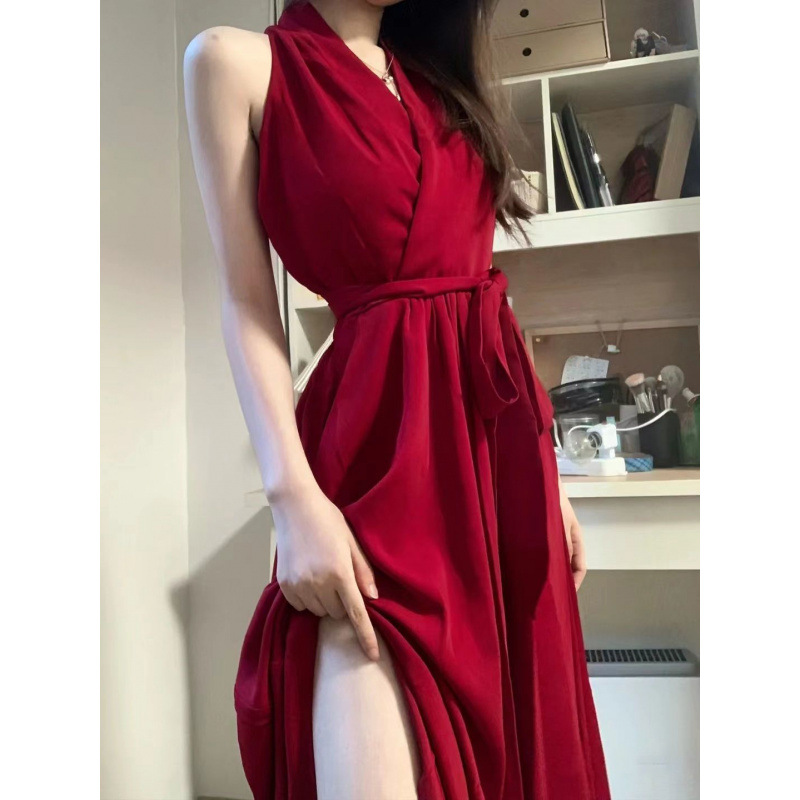 높은 허리 원피스 프랑스 로맨틱 붉은 목 여성의 2022 가을 V-목 타이트 허리 스트랩 중간 길이 원피스
