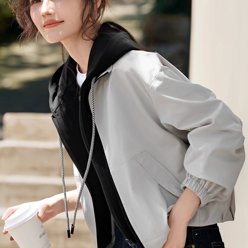 假两件撞色拼接连帽外套女秋季轻户外休闲风好看短款上衣|undefined