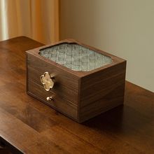 化妆品海棠花玻璃收纳盒复古木质桌面整理翻盖摆设化妆台首饰盒