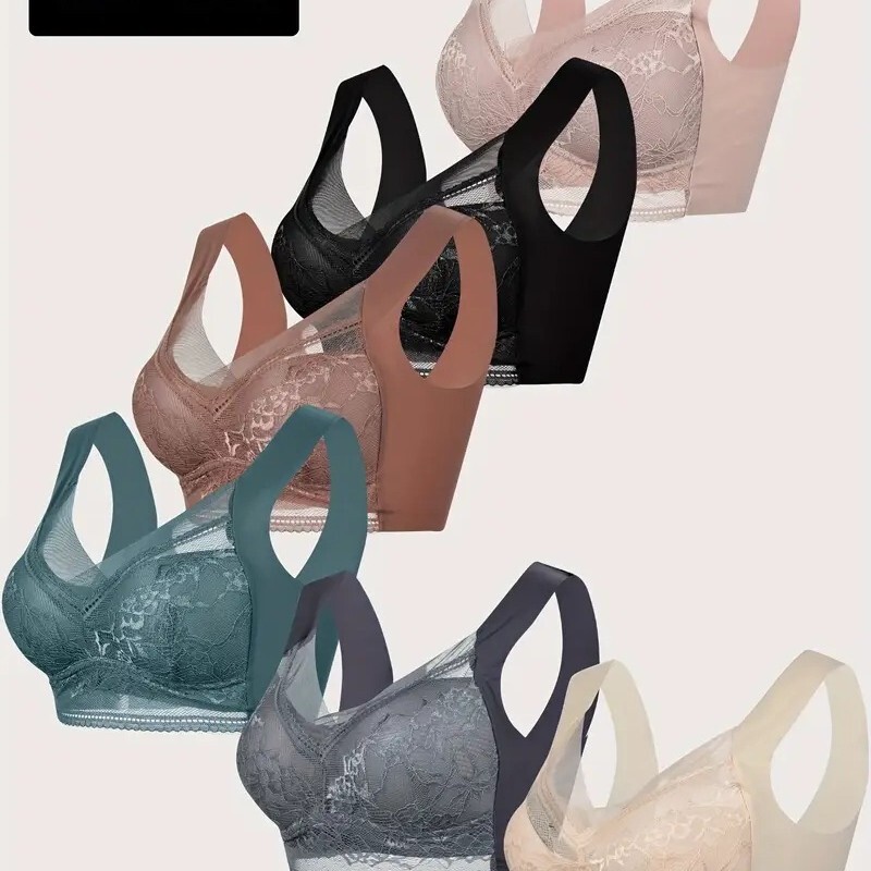 Tumu Women's Elegant Floral Lace Bra - Breathable and Plaid Full Coverage, No Steel Ring Push up Top