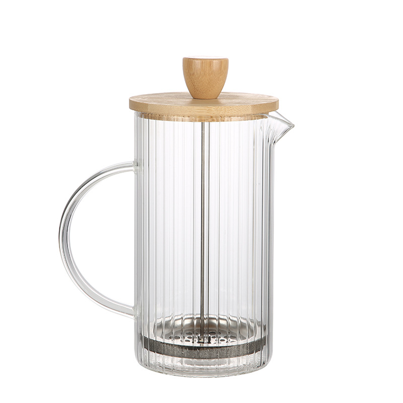 Cafetera de vidrio de patrón vertical de alto valor, olla de compresión de acero inoxidable, tapa de madera, tetera de alto borosilicato resistente al calor image 5