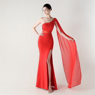 33108#2025 New One Shoulder Crossbody Stitching Mesh Design Satin Slimming Banquet dress Evening Dress