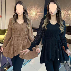 蕾絲衫女2025秋裝新款收腰遮肚顯瘦領時尚中長內搭氣質打底上衣