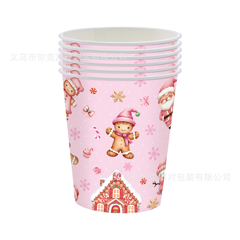 粉色姜饼人圣诞纸盘卡通餐盘一次性纸杯纸巾桌布儿童聚会装饰|undefined
