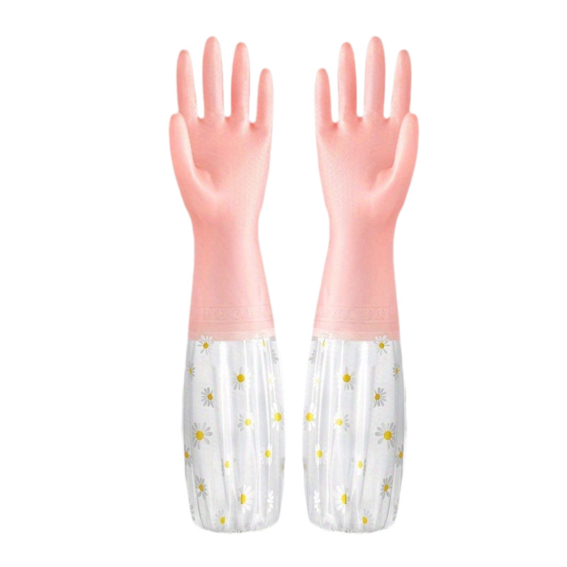 Luvas domésticas de inverno bicolor para lavar louça, impermeáveis, duráveis, forradas com lã, quentes e com comprimento estendido para lavagem de roupas._voghion.com