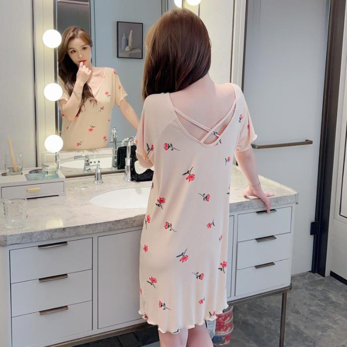 Venta directa de fábrica camisón de verano de manga corta para niñas pijamas modal sexy sin respaldo lindo flojo dulce ropa para el hogar