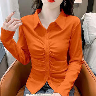 Polo Collar Long-Sleeved Shirt Women's Autum New Slim Slim Elegant Shirt Outer Wear Fashionable Long-Sleeved T-Shirt Women