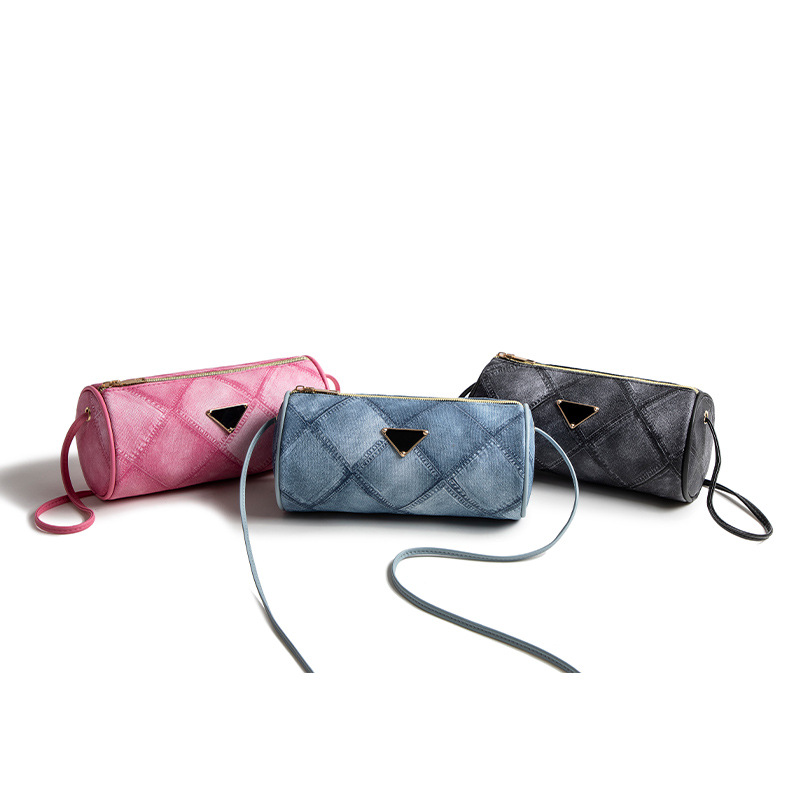 牛仔纹圆筒包小巧玲珑单肩女包渐变色菱格枕头包迷你手机包斜挎包