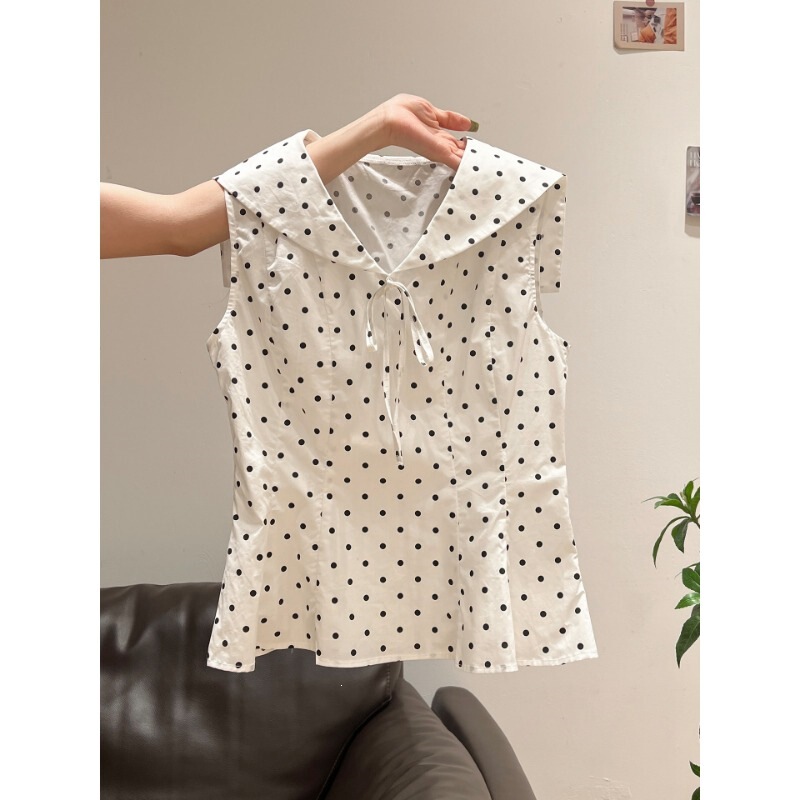 EGGKA Navy Collar Polka Dot Slim Fit Tank Top for Women, Summer Korean Style Sweet and Elegant Slimming Sleeveless Top