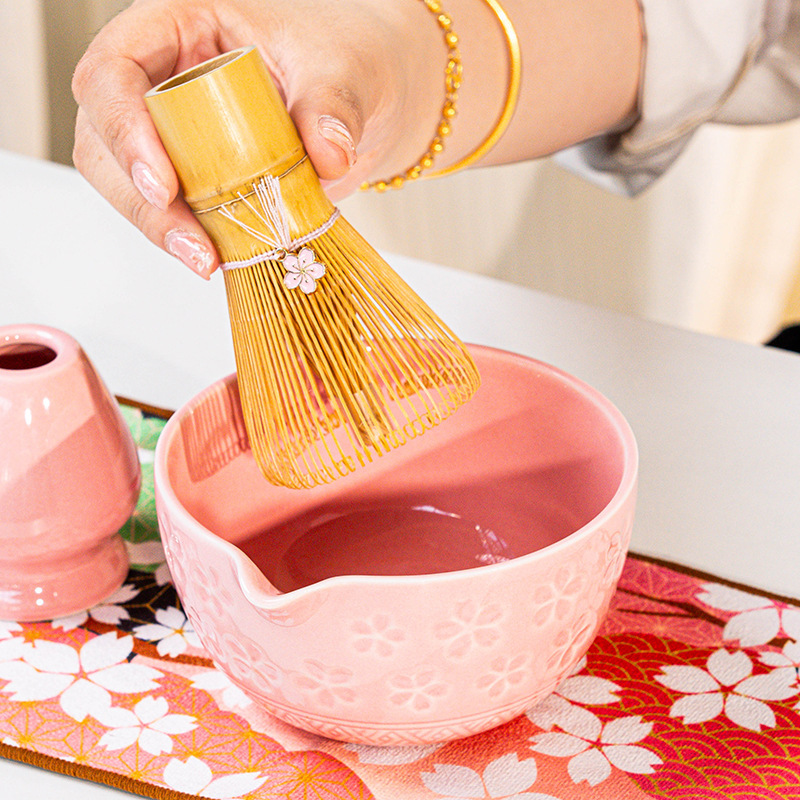 新しい和風抹茶桜ボウル、注ぎ口付きセラミックピンク茶筅ティーツールの越境専用 Amazon|undefined