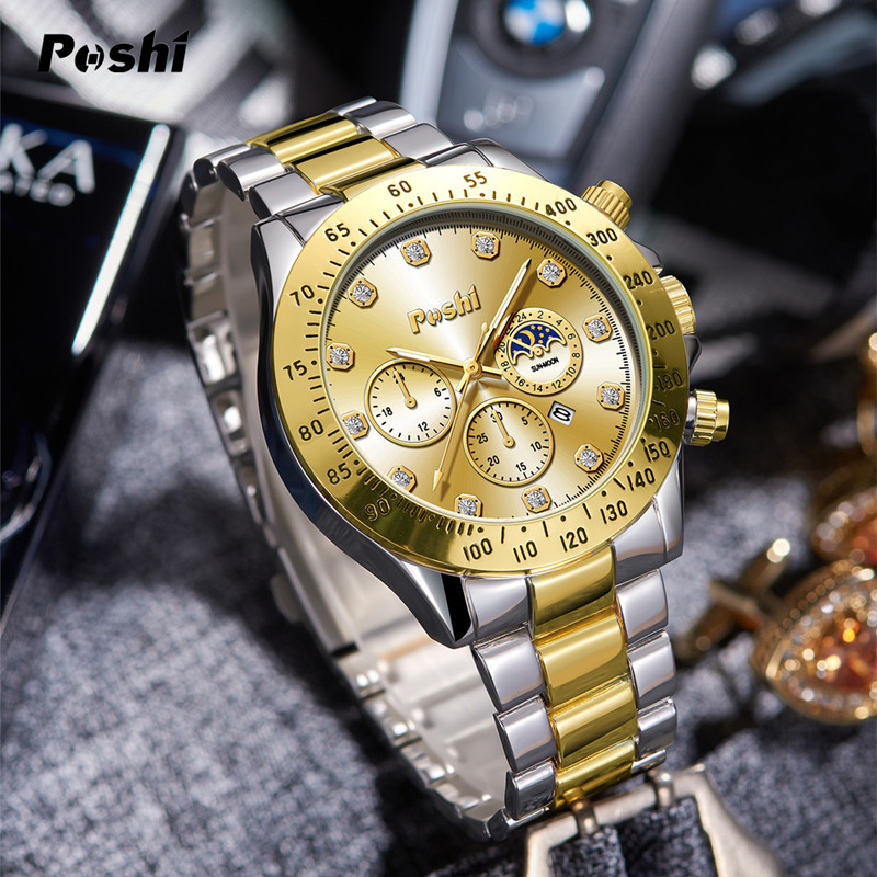 2023 nuevo reloj de negocios POSHI reloj de moda para hombres falso calendario luminoso de tres ojos reloj de cuarzo impermeable deportivo