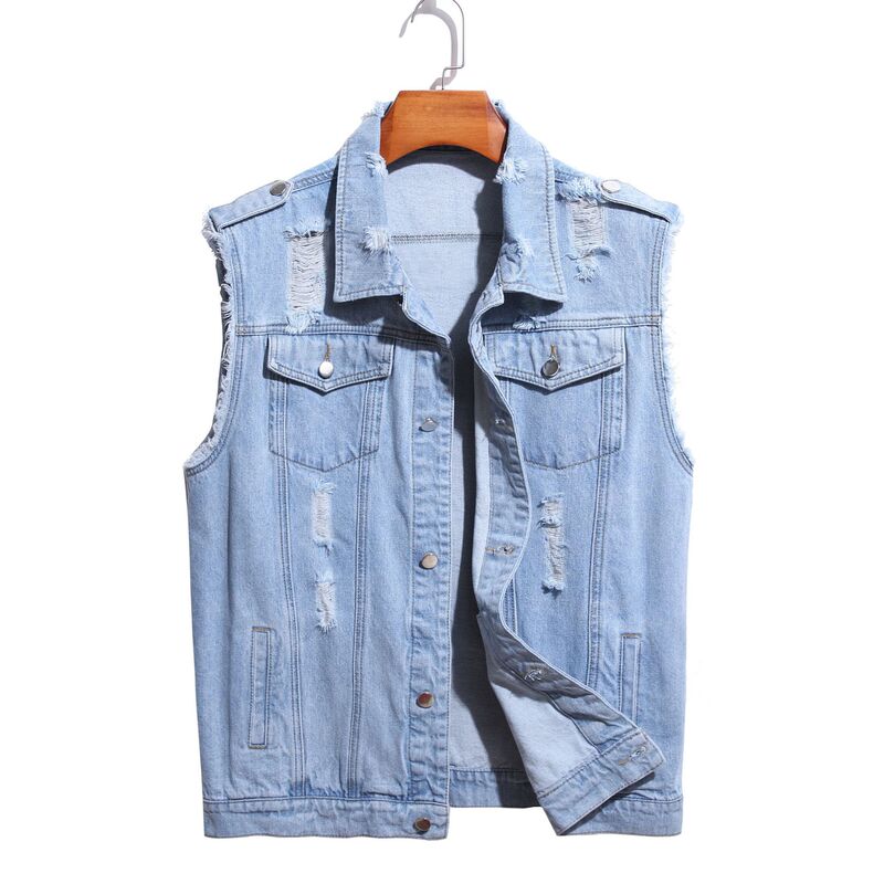 2025 Men's Denim Vest Sleeveless Distressed Trendy Casual Jacket Hong Kong Style Versatile Fashion Workwear