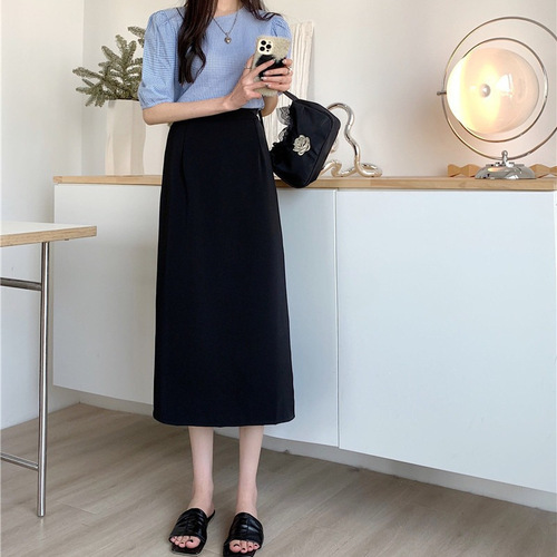 2025 new summer temperament black high waist dress large size A-line skirt slimming fashionable medium long skirt high waist